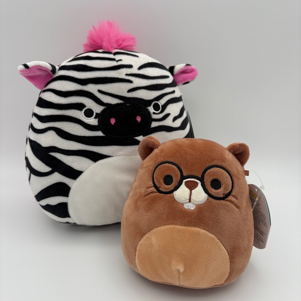 Two Original Squishmallows Plush Chip the Beaver/Tracey the Zebra (with tags)